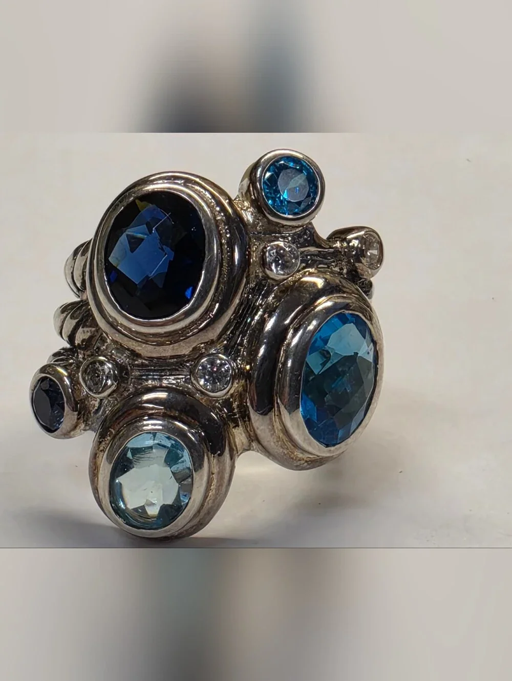 Sterling Silver Mosaic Multi Blue Gemstone Cocktail Ring Size 7.5